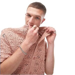 Topman Knitted Pointelle Button Through Shirt S Pink Open Knit Camp Polo Resort